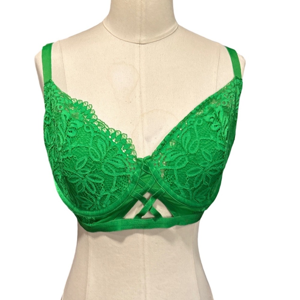 Adore Me Fern Green Floral Lace Balconette Bra 34G Cutout Underwire BOG-BR-10331